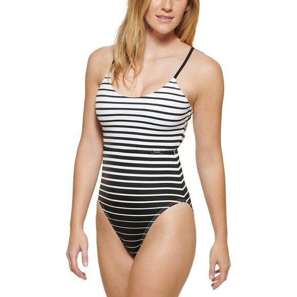 Calvin Klein One-Piece Swimsuit Black/White Over-The-Shoulder Wrap Size 10 Pool - Picture 1 of 10